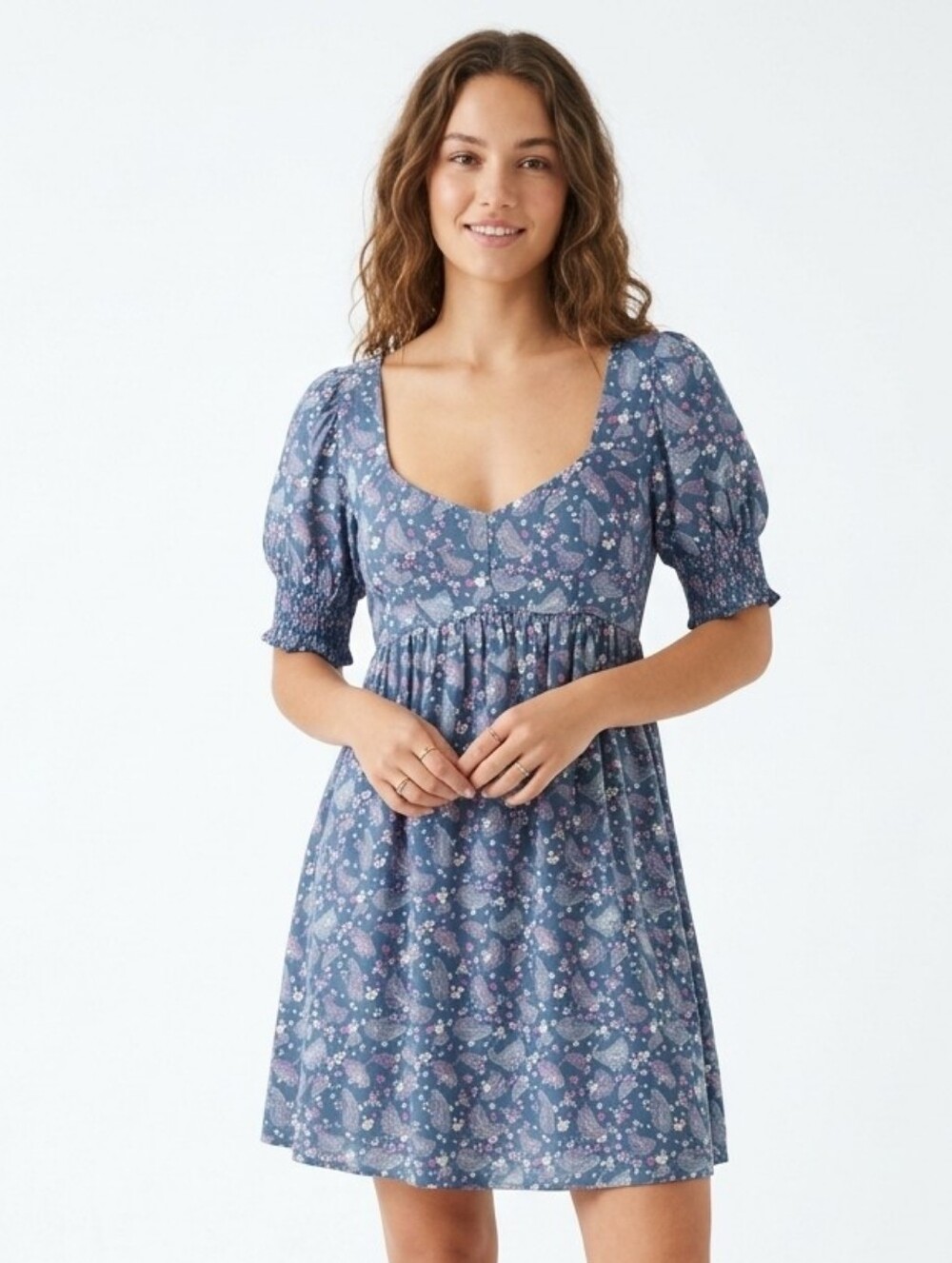 NWOT REWIND Blue Gray Paisley Boho Retro Sweetheart Neck Babydoll Dress XS